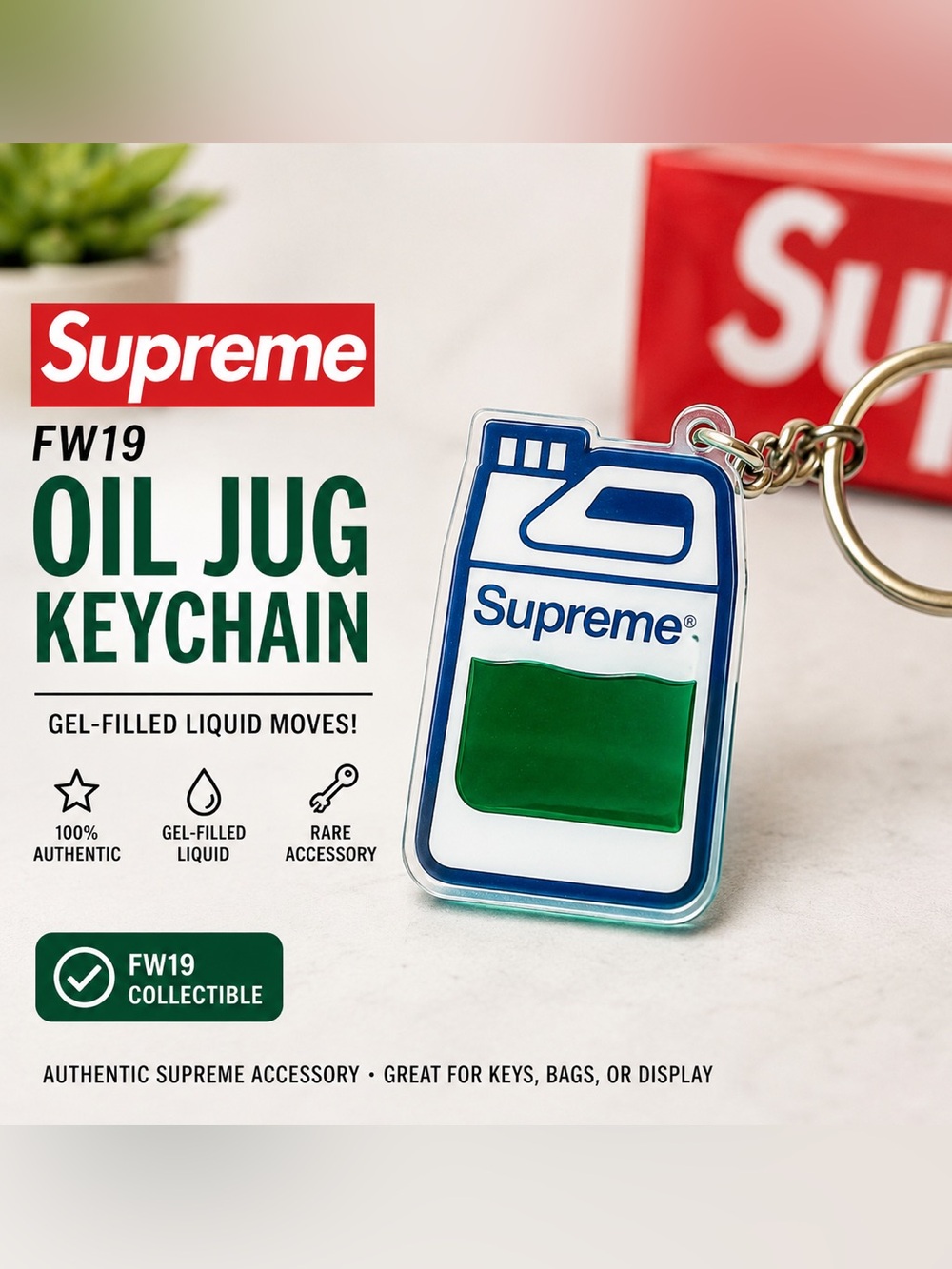 Supreme FW19 Green Oil Jug Gel Keychain